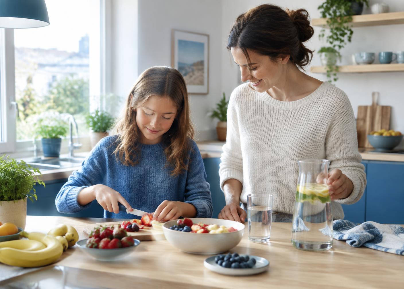 Parent and child preparing fruit and water together
