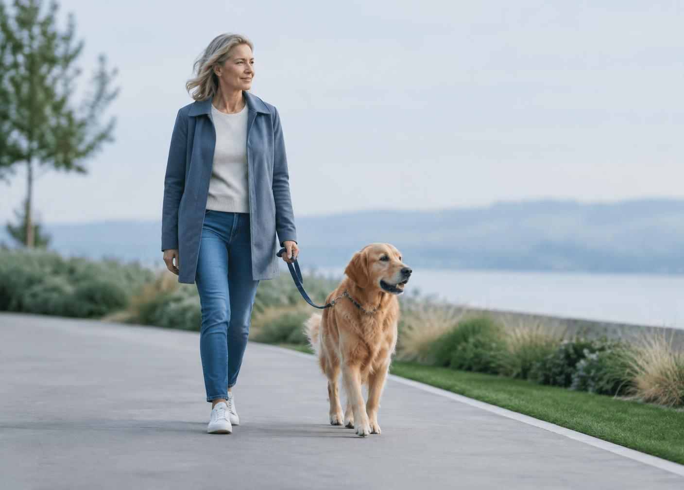 A mature dog walking calmly beside its owner